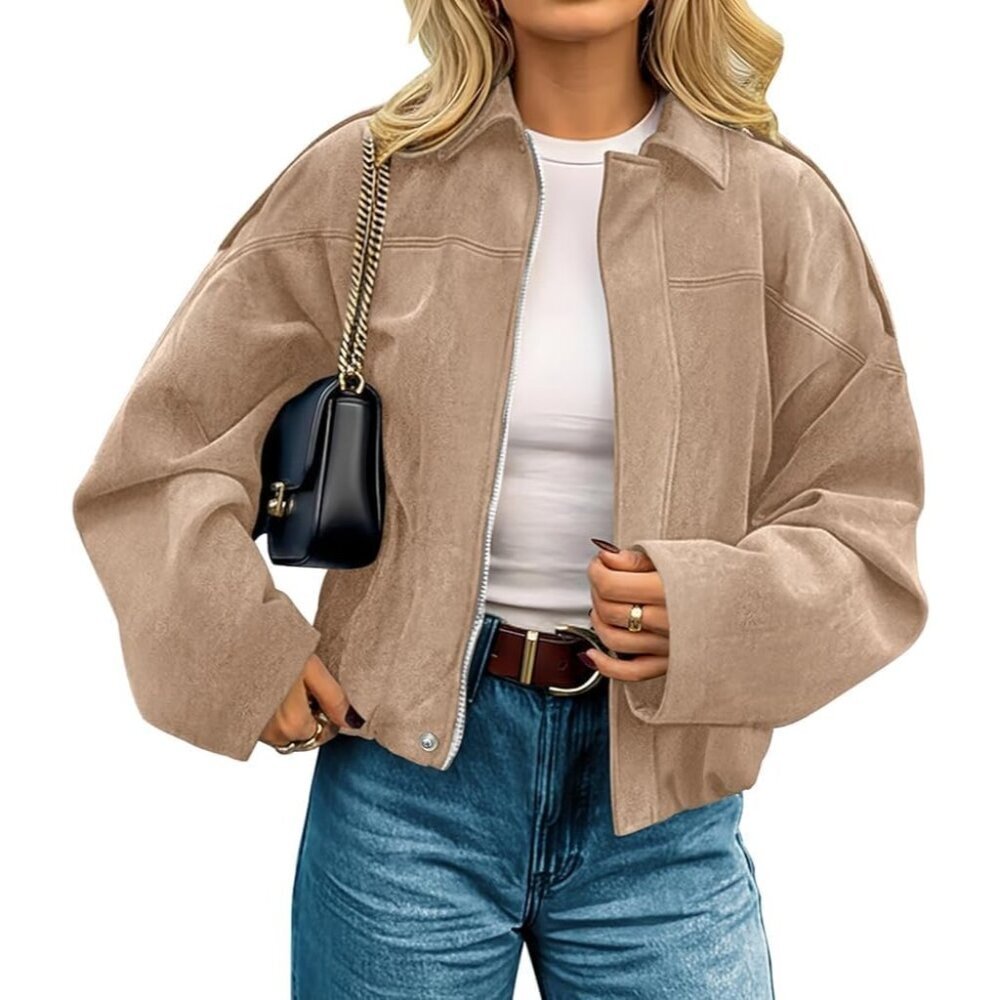 Women's Faux Suede Jackets Fall Coat Winter Clothes Open Front Cropped Jacket